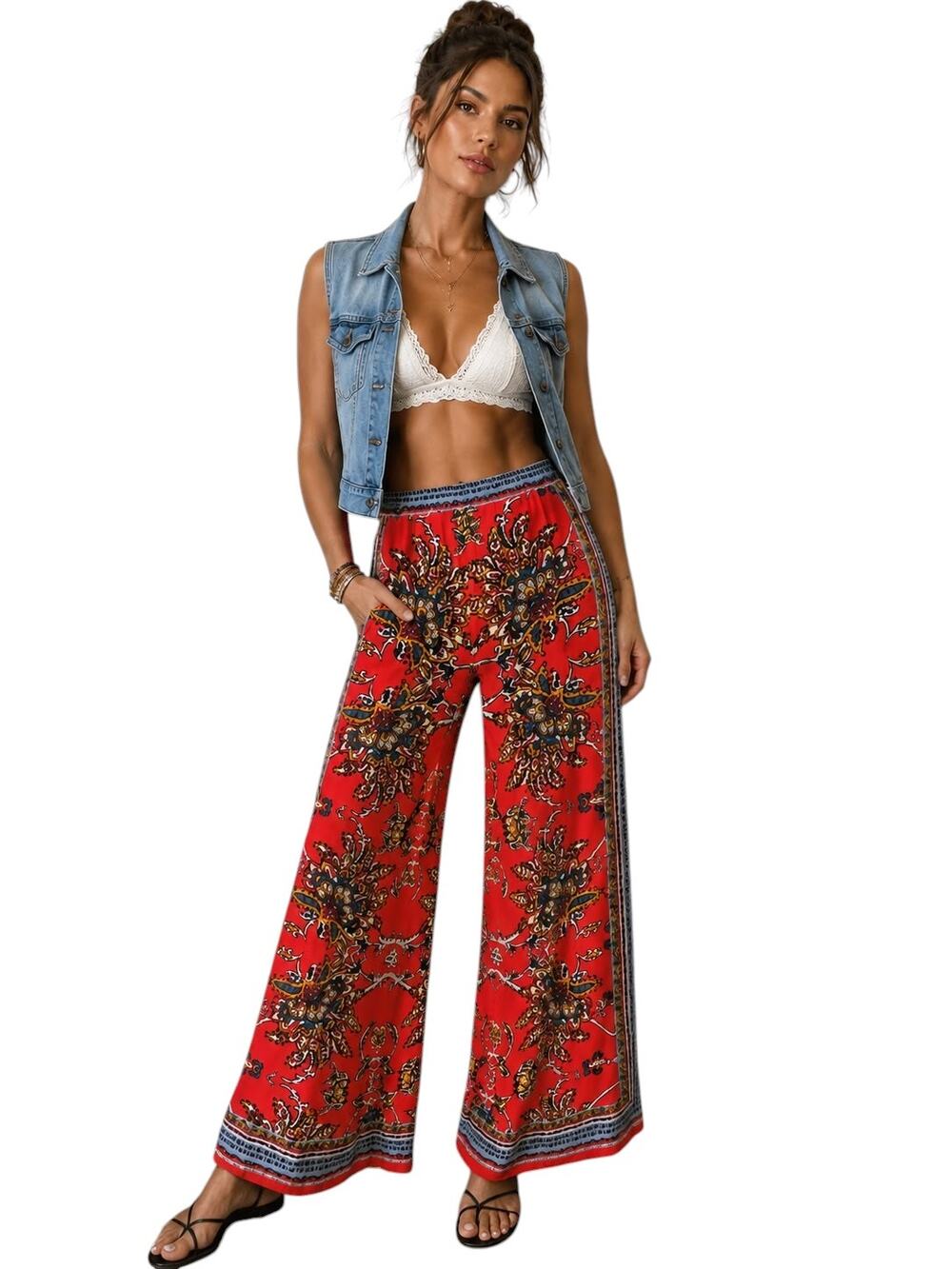 Vintage Flying Tomato Jr Larg Palazzo Pants Mixed Print Pull On Boho Hippie Wide